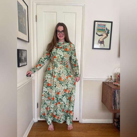 70s Vintage Vegetable Garden Print Green Maxi Dress - Picture 2 of 7